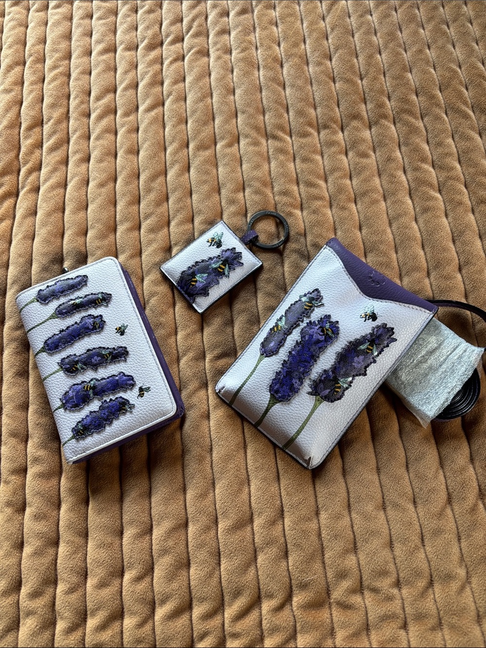 Purple and bumblebee Leather Accordion Wallet with Floral Card Pouch set